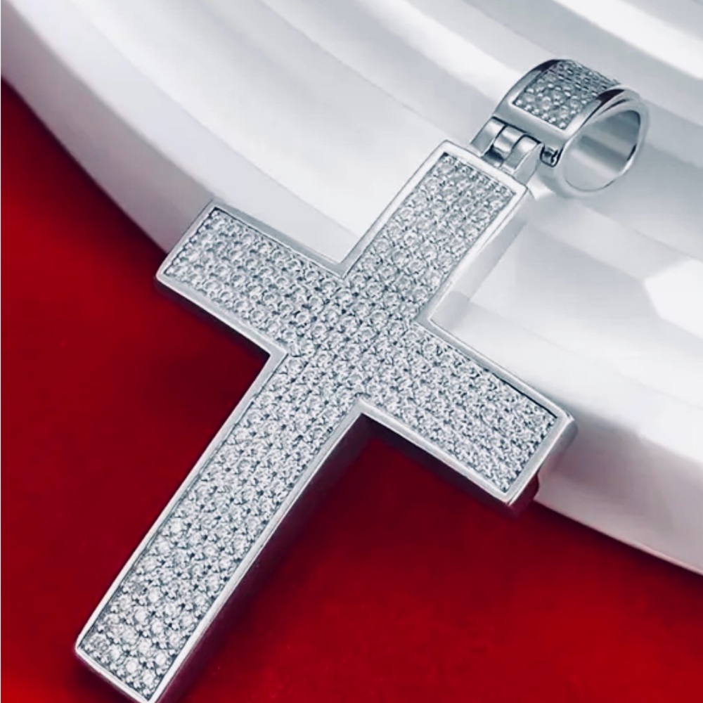 Sterling Silver Cross Necklace covered in shimmering Moissanite Stones